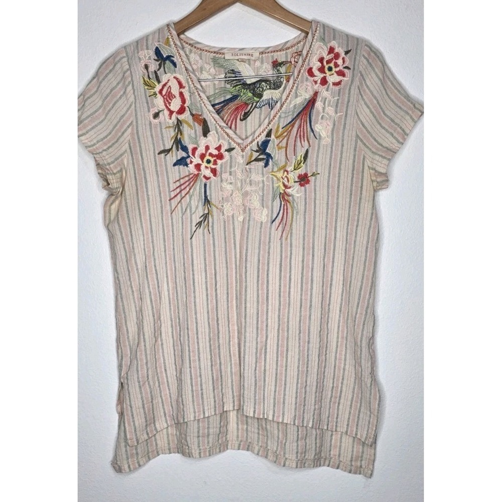 Solitaire Cream Striped V-Neck Blouse with Multicolor Floral Embroidery